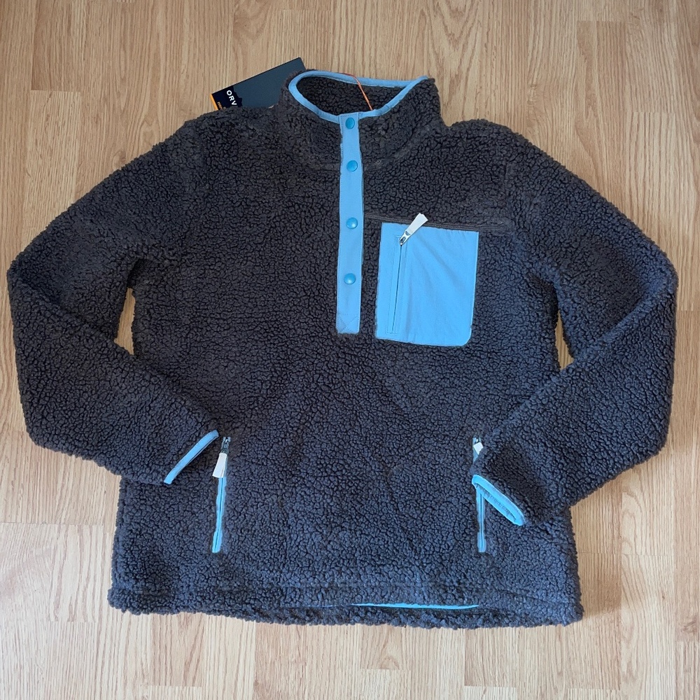 NWT Women’s Orvis Gray and Blue Sherpa Quarter Snap Up Pullover Size Large - Picture 1 of 5